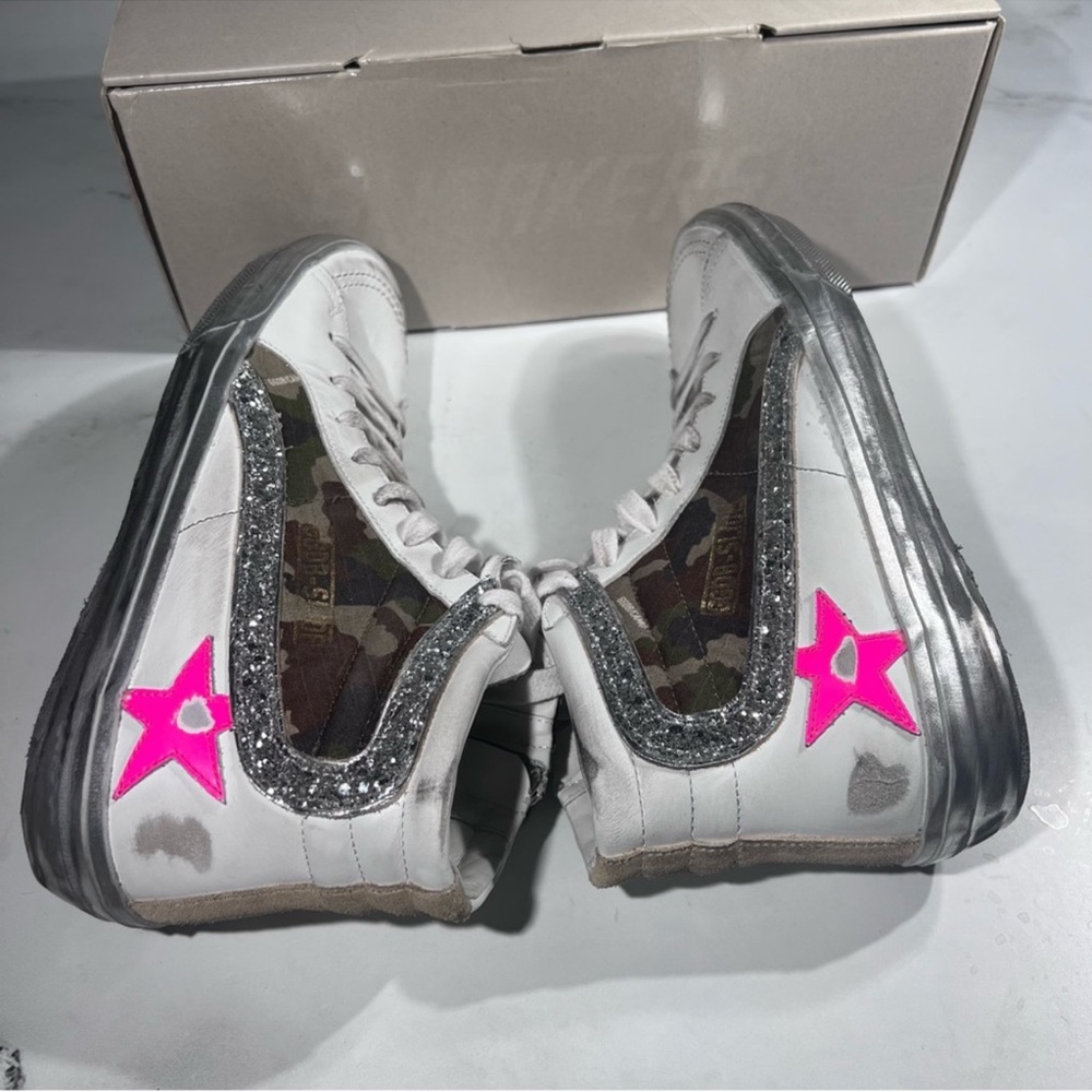 Golden Goose Slide White Green Camouflage Silver Pink Athletic High Top Sneakers - Picture 5 of 14